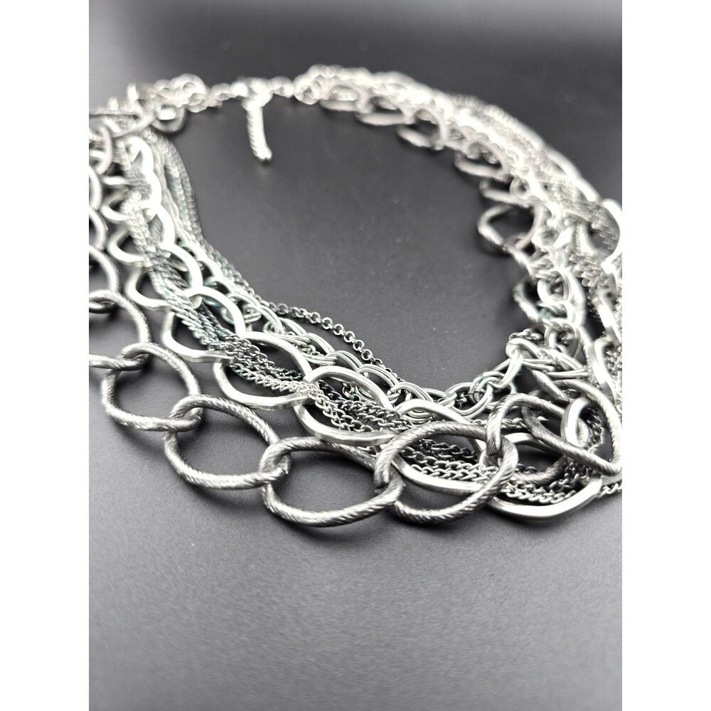 Chunky Multi Strand Necklace 8 Chains Mixed Links 20" Silver Tone Statement